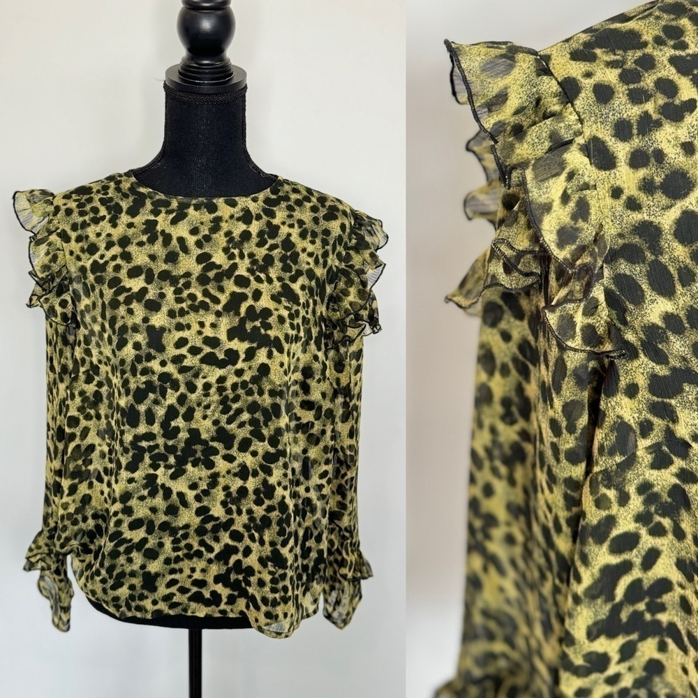 H&M Sheer Green and Black Long Sleeve Blouse (Size 10)